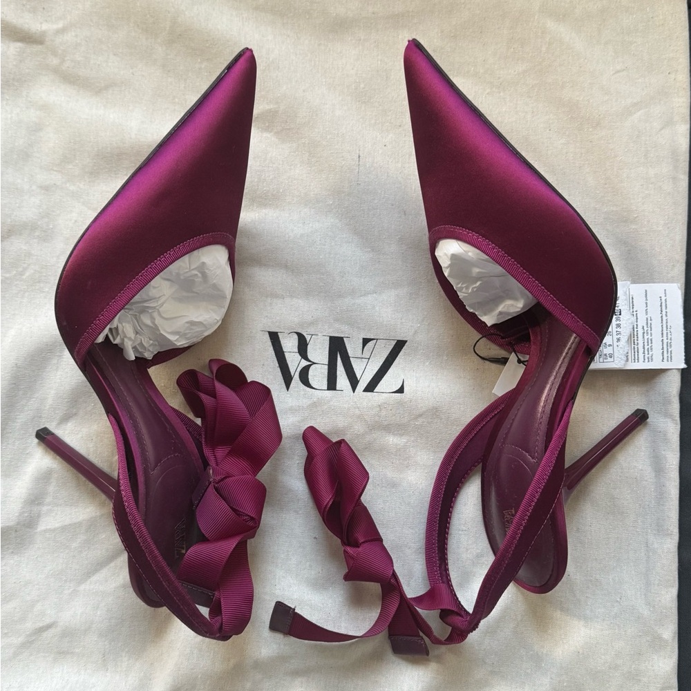 ZARA Women's Magenta Pointed Toe Ankle Tie Pumps - Picture 5 of 8
